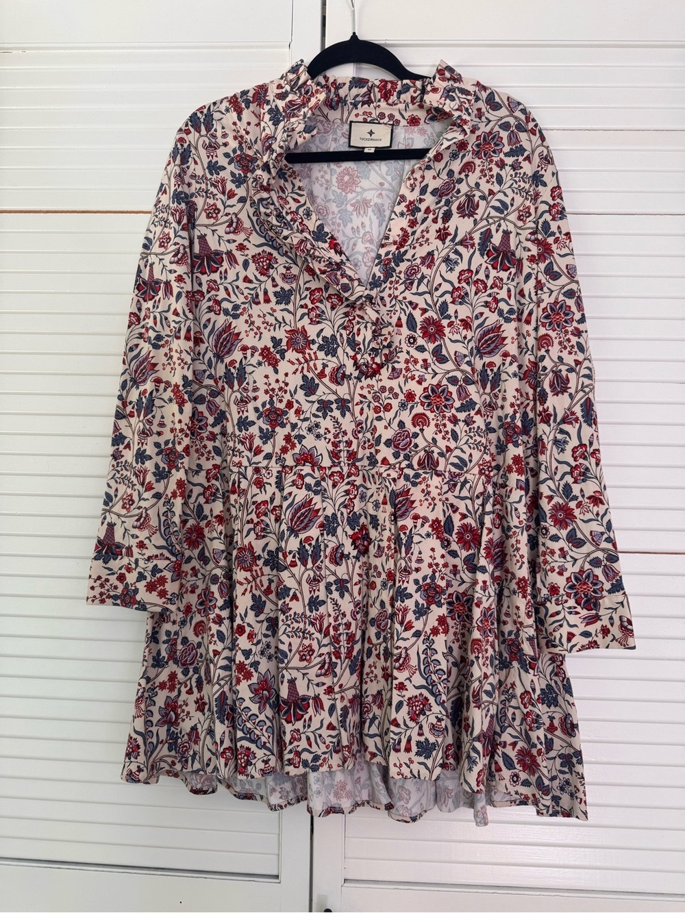 Tuckernuck Floral Ruffle V-Neck Dress in Cream with Red & Blue Print